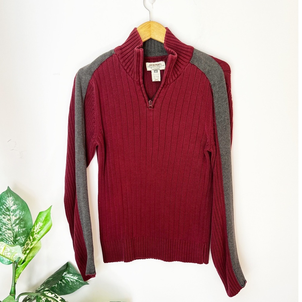 90s American Rag Quarter Zip Sweater Burgundy Red Ribbed Knit Mens Medium
